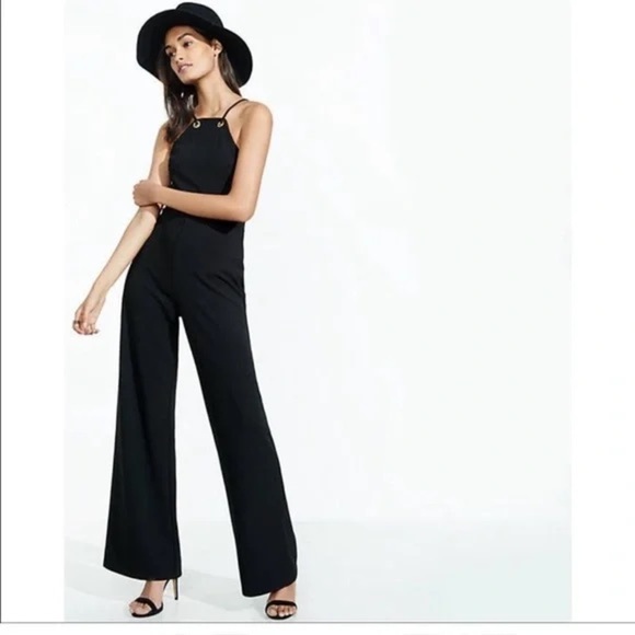 Express Grommet Racerback Wide Leg Jumpsuit Black - Picture 1 of 6
